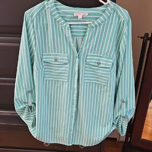 Notations Women's Aqua And White Striped Blouse 3/4 Button Sleeve